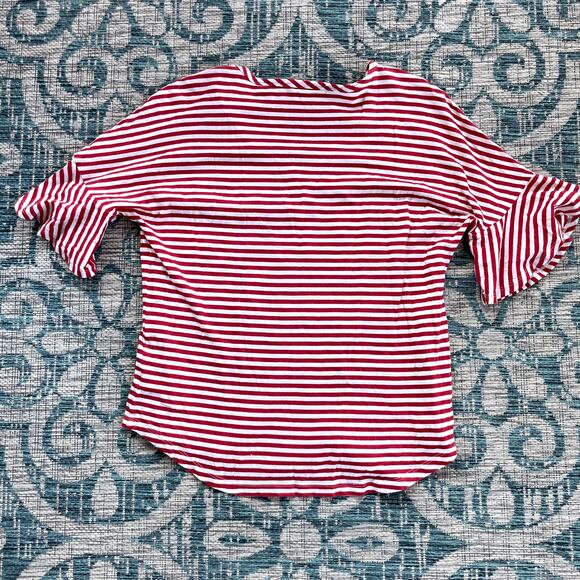 Cabi Flutter Tee Red & White Striped V-Neck Top with Ruffle Sleeves - Size M - Picture 3 of 7